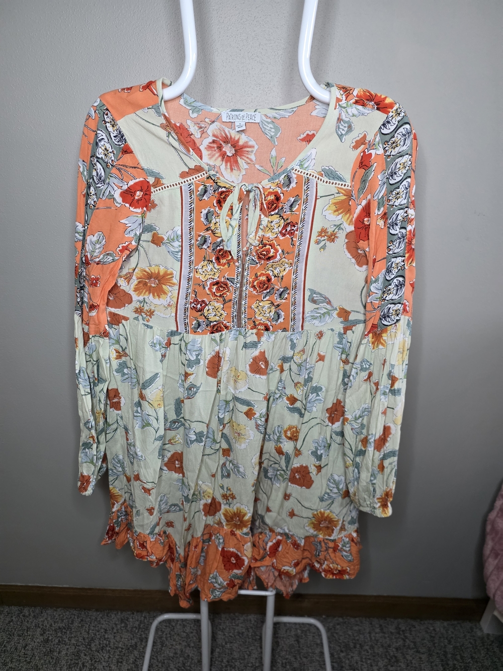Patrons of Peace Peach And Blue Tie-Front Boho Cottagecore Floral Dress